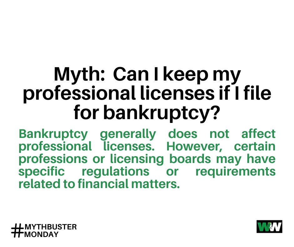 BankruptcyMinn's tweet image. #MythbusterMonday

Worried about professional licenses in bankruptcy? In general, they&apos;re safe. But regulations differ by profession and board, so it&apos;s crucial to know the financial criteria. 🏛️💼 #BankruptcyFAQ #LicenseProtection #BankruptcyInsights