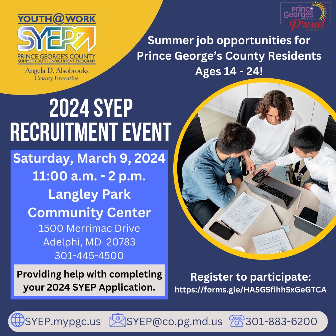 Do you need help completing the 2024 SYEP application? If so, please come to the Langley Park SYEP Recruitment Event Saturday, March 9th from 11 a.m. - 2 p.m.  We will be there to assist you.  Click here to register:  forms.gle/HA5G5fihh5xGeG…
To apply:  SYEP.mypgc.us