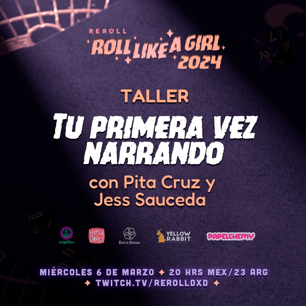 🙌Arranca RLG con el Taller 'Tu Primera Vez Narrando' junto a nuestras Pita Cruz y Jess Sauceda✨ Un taller para principiantes y no tan novatas con herramientas para lanzarte de lleno a dirigir tu primera partida twitch.tv/rerolldxd #rolllikeagirl #rolllikeagirl2024