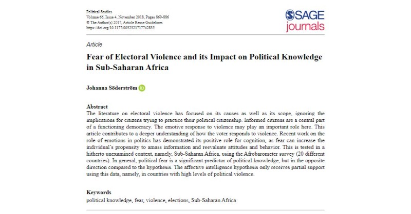 Voting and the emotive response to violence - Johanna Söderström (@js_polsci) examines fear of electoral violence and its impact on political knowledge in Sub-Saharan Africa in @PolStudies: journals.sagepub.com/doi/full/10.11… #YearofVotingPS 13/30 @PolStudiesAssoc @SAGECQPolitics #polsci