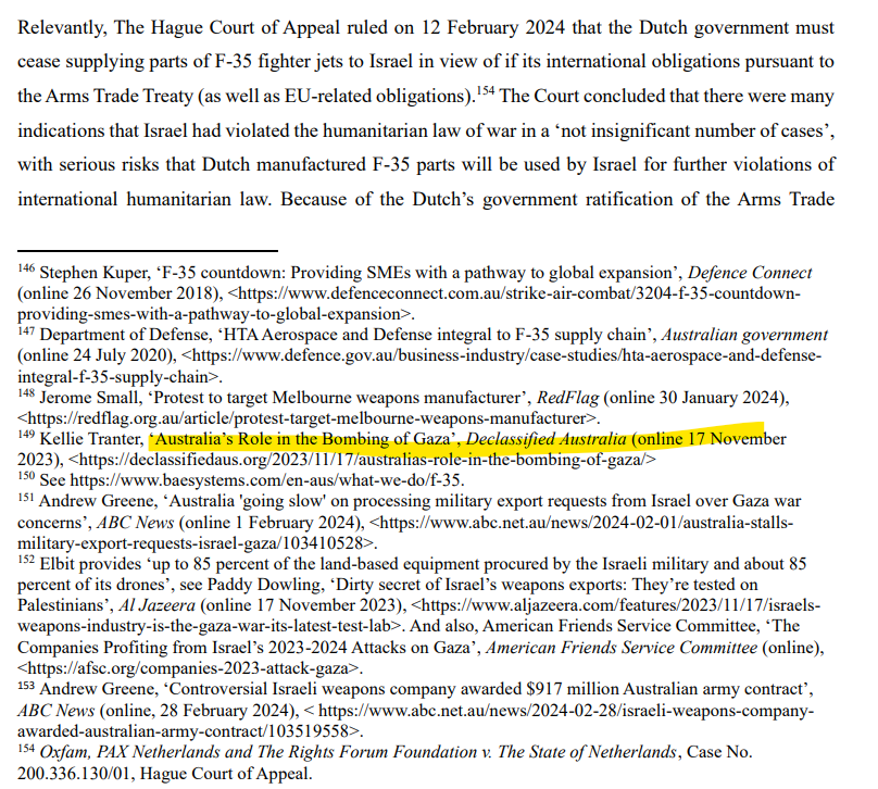 KellieTranter's tweet photo. Important investigative pieces by @DeclassifiedAus cited in the @BirchgroveLegal referral to the ICC. A clear demonstration of the importance of independent media in Australia.

#genocide #Gaza #PineGap #F35globalsupplychain
@antloewenstein @PeterCronau 

https://t.co/HN7X6QptOr https://t.co/HacRVceq2u