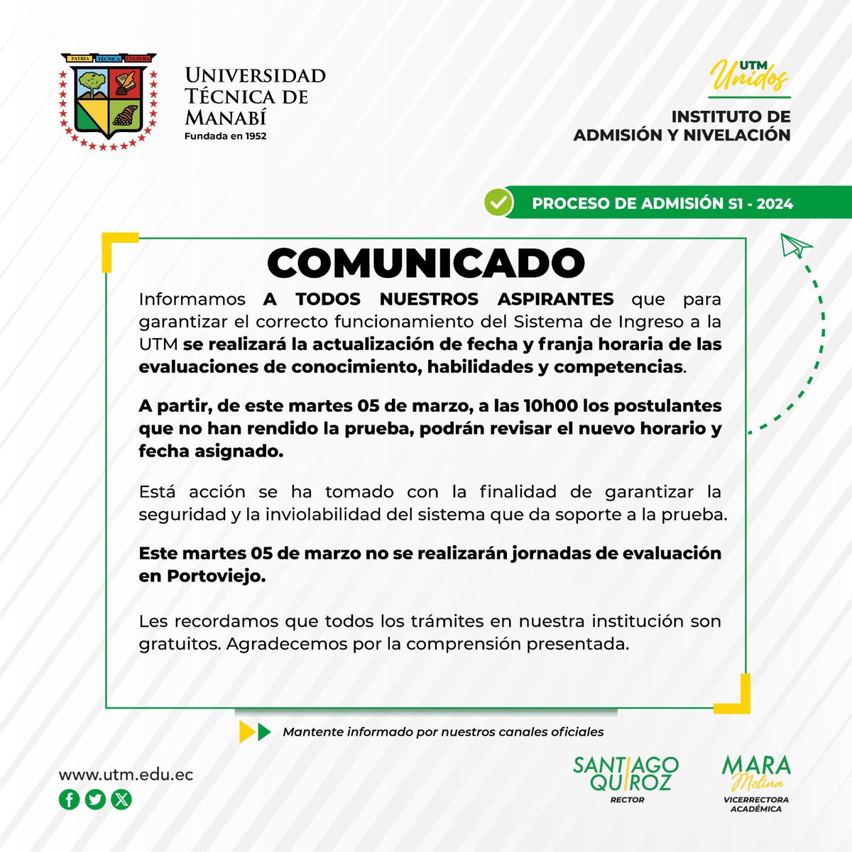 ℹ️ Para todos nuestros aspirantes les informamos que se realizará el reagendamiento de las pruebas de ingreso a la UTM para el Campus Matriz en Portoviejo. 🗓️Desde mañana podrán revisar su nueva fecha y franja horaria. #UTMUnidos