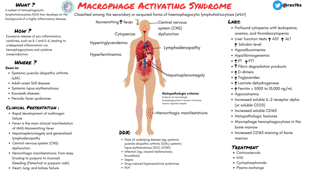 MAS came up on @CPSolvers last week in a pt with AOSD. It's a hyperinflammatory state seen in rheumatic diseases like sJIA, AOSD and SLE. Macrophages go into overdrive, releasing cytokines causing fever, organ dysfunction, & life-threatening complications.#MedTwitter @zhoumy07