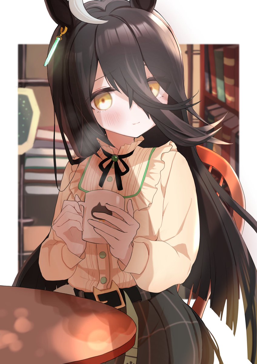 manhattan cafe (umamusume) 1girl horse ears animal ears solo black hair long hair cup  illustration images