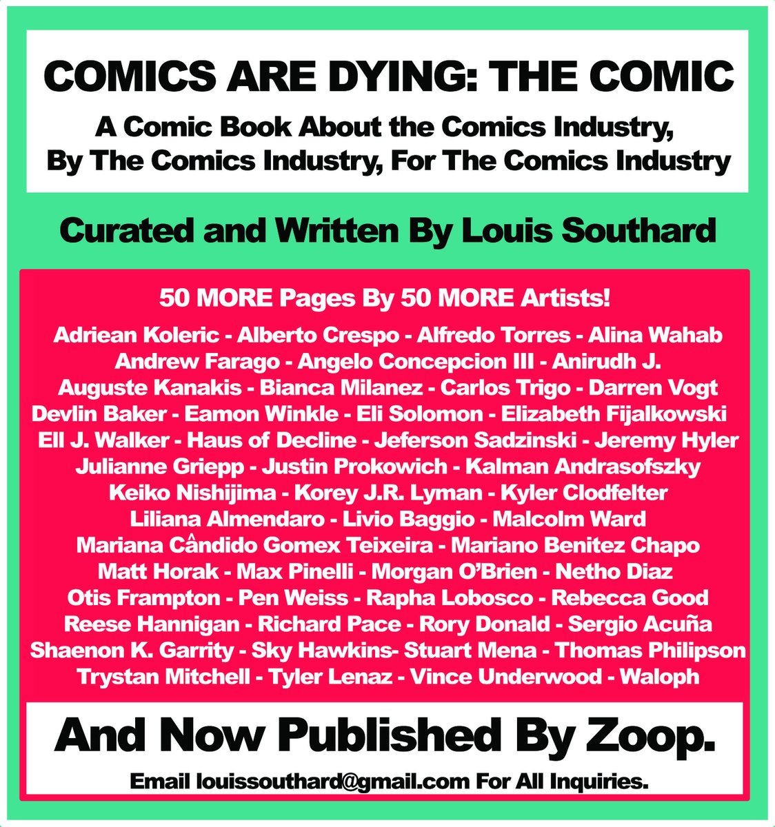 100 Comics. 1 Writer. 100 Artists. I'm so very proud to announce the next 50 artists for COMICS ARE DYING: THE COMIC as well as our new publisher: @WeAreZoop! Click the link for more info and to stay informed: zoop.gg/c/comicsaredyi… #comics #comicbooks