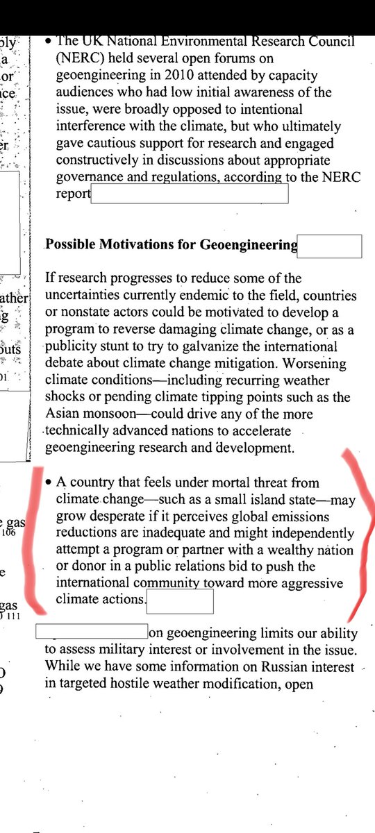 CIA - Climate GeoEngineering

How might they use this technology?

"as a publicity stunt to try to galvanize the international debate about climate change mitigation. Worsening climate conditions-including recurring weather shocks or pending climate tipping points"