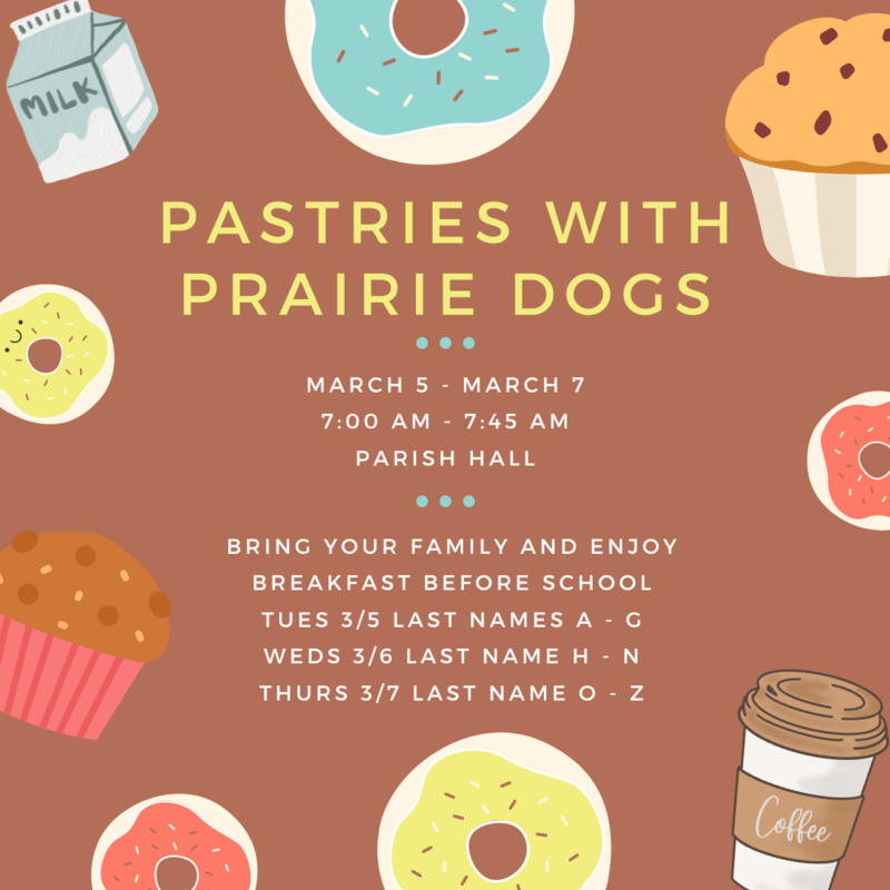 ICDSchool's tweet photo. Pastries with Prairie Dogs! Tuesday, March 5th is for families with last names beginning with the letters A through G. (Wednesday, March 6th, letters H through N, and Thursday, March 7th, O through Z.) https://t.co/sMqL5PePS0