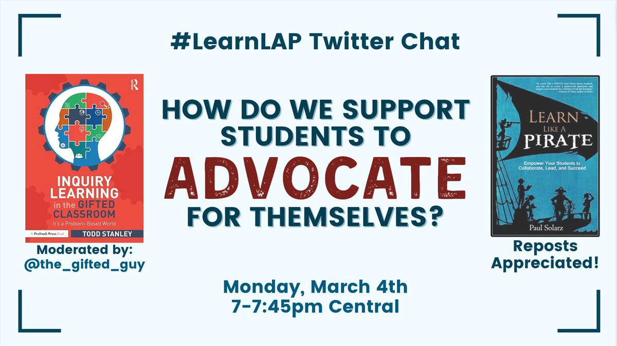 Please join @the_gifted_guy IN 30 MINUTES (7 Central) for #LearnLAP!

#msmathchat #teacheredchat #tntechchat #Aledchat #ILedchat #MexEdChat #mbedchat #resiliencechat #ieedchat #asbchat #tosachat #formativechat #education #k12 #edchat #edtech #kinderchat #mschat #elemchat #ntchat