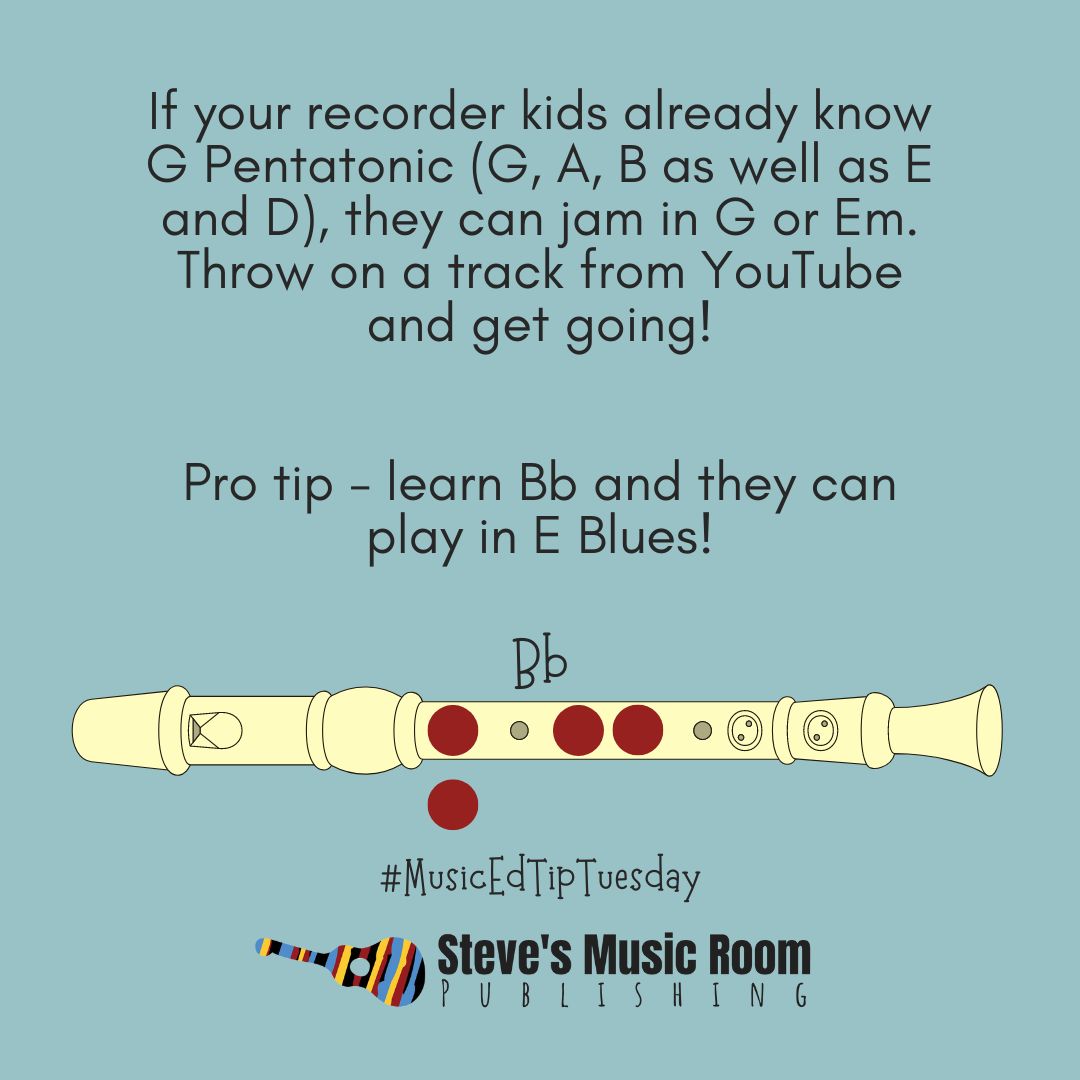 #MusicEdTipTuesday If your recorder kids already know G Pentatonic (G, A, B as well as E and D), they can jam in G or Em. Throw on a track from YouTube and get going! Pro tip - learn Bb and they can play in E Blues! #creativity #musiced #musiceducation #blues #musicteaching