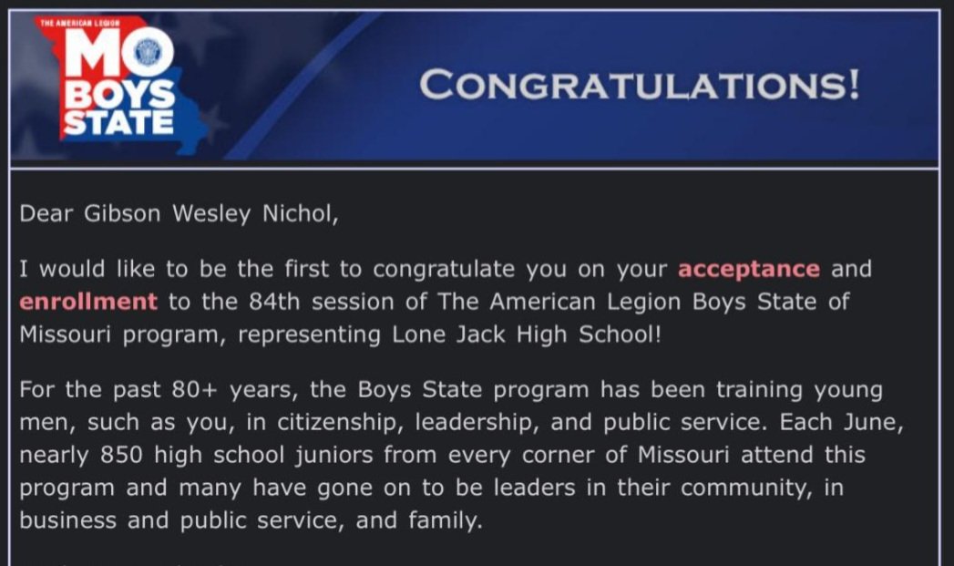sunflourchic's tweet photo. Congratulations to Gibson for being selected to represent Lone Jack High School at Boys State this summer!  We are so proud of you! https://t.co/nPL1IdjTPQ