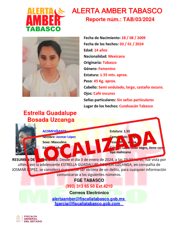 Personas Desaparecidas Tabasco, desactiva cedula de alerta amber a nombre de la adolescente ESTRELLA GUADALUPE  BOSADA UZCANGA.