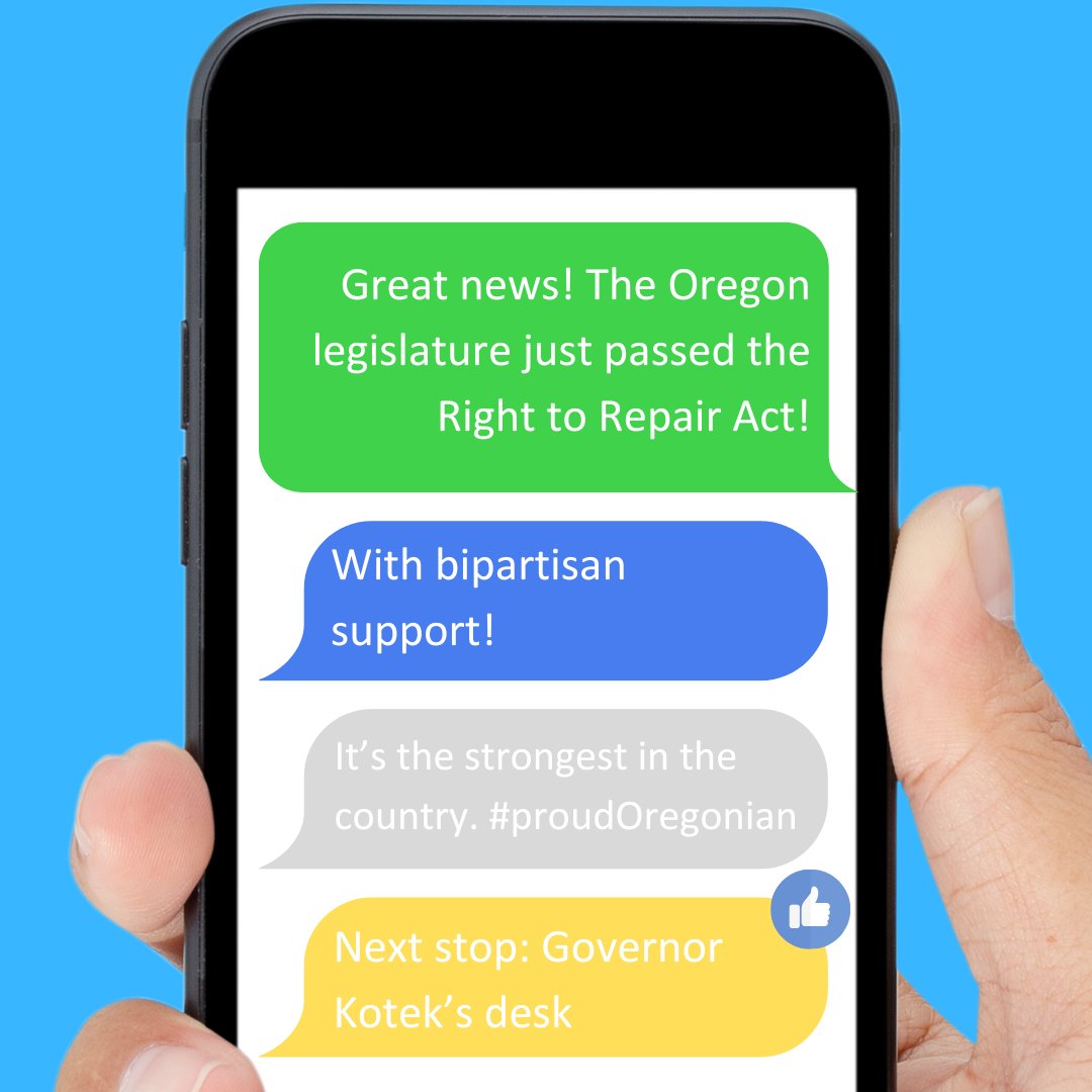 Good news alert: #orleg just passed #RighttoRepair for consumer electronics-- the strongest in the country! Wouldn't be possible without the leadership of Sen. @SollmanJaneen @RepNeronHD26 & @CharlieFisherOR @OSPIRG. It now heads to @GovTinaKotek for her signature.