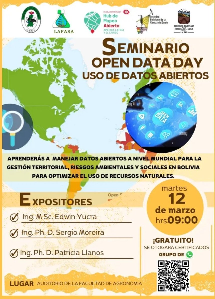 @EscuelaDeDatos @OKFN @ildalatam @okfnbr @Flacso_Chile @abriendo_datos @DialogosGuate @agesic @ANIIuy @datalat @opendatacharter Faltamos nosotros 🙈 #Opendataday en La Paz-Bolivia, martes 12 de marzo, la Sociedad Boliviana de la Ciencia del Suelo y la Facultad de Agronomía gracias al apoyo de @MapHubLAC y el grant vamos a ser parte de este evento 🙂.