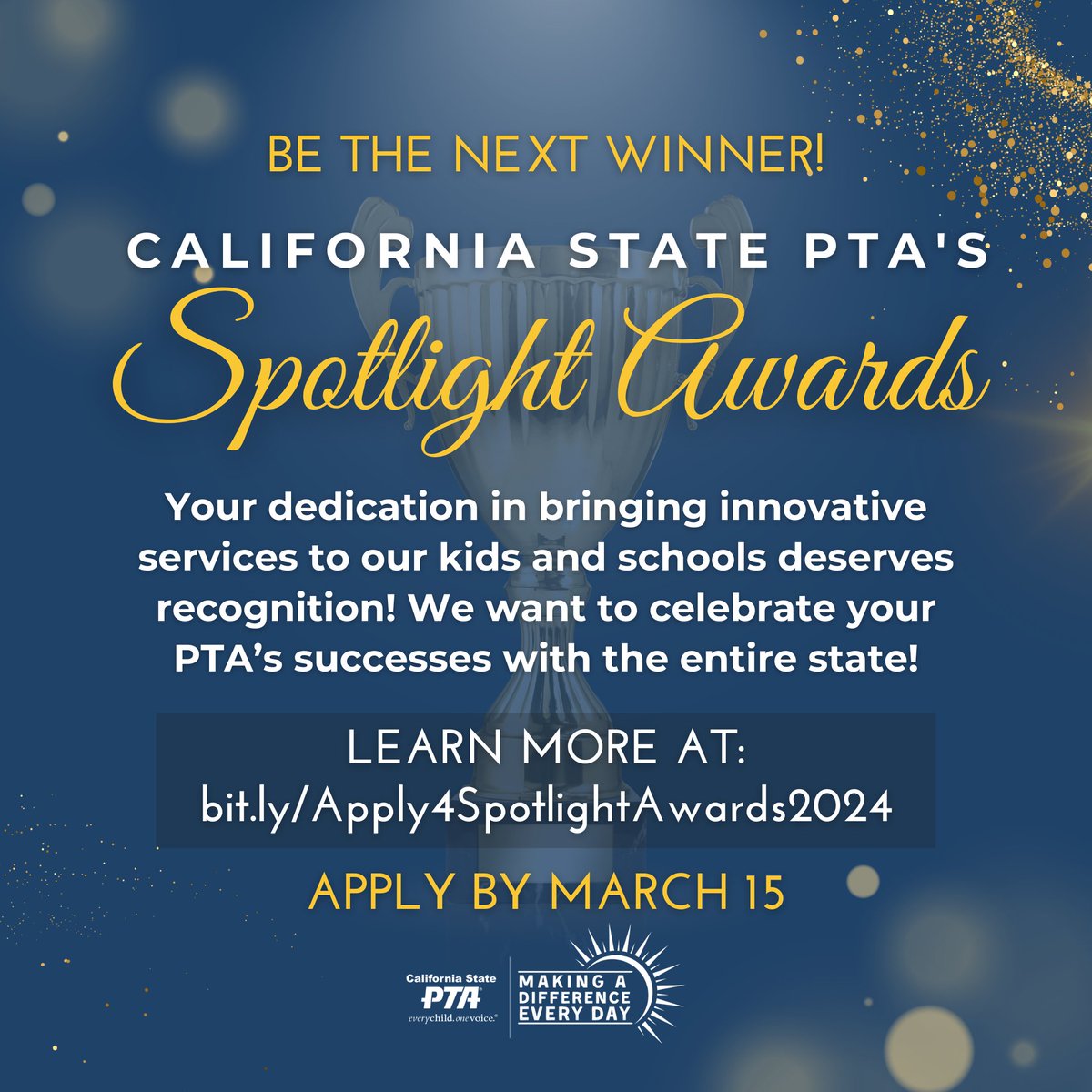 🌟 Calling all PTA Units and Councils! 🌟 We want to celebrate your PTA's success with the entire state! Apply now for the 2024 Spotlight Awards  at 🔗 bit.ly/Apply4Spotligh… by March 14, 2024.

#PTA4Kids #PTAExcellence #SpotlightAwards #CommunityImpact