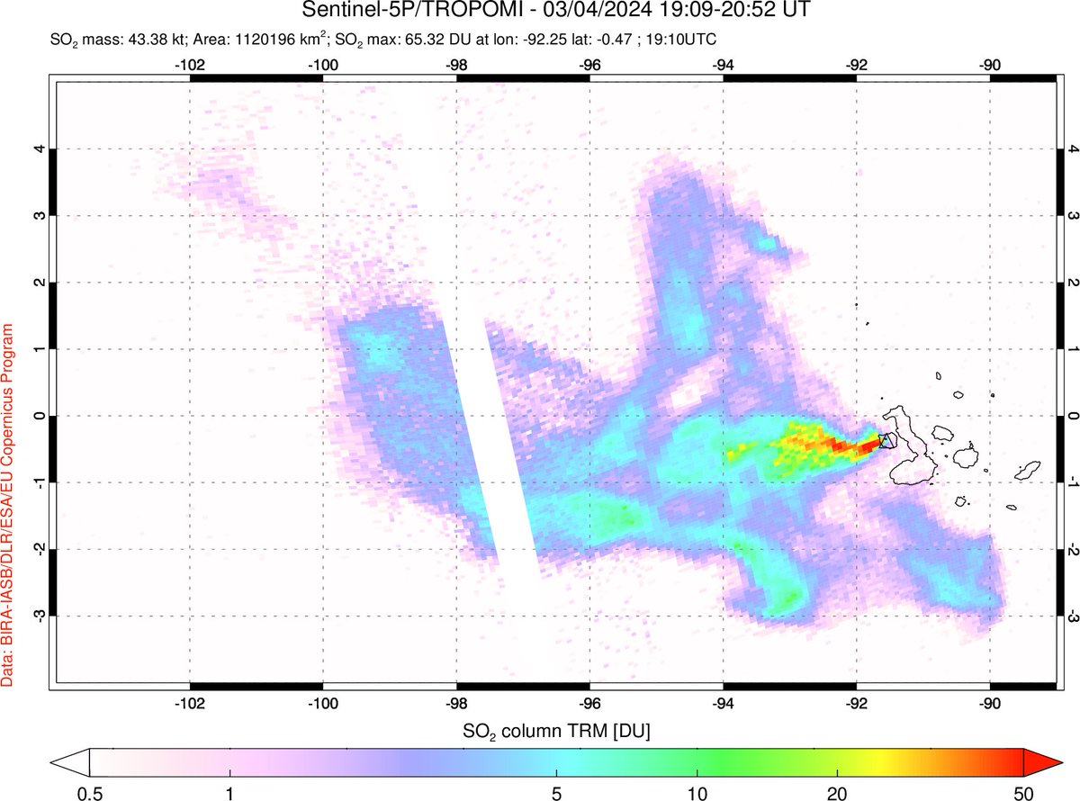 A hotspot #volcano erupted over the weekend - but not where many people were expecting. The #eruption of #Fernandina (#Galápagos Islands, #Ecuador) is producing high SO₂ emissions, similar to its prior eruptions in 2017, 2018 and 2020. Data: @CopernicusEU #Sentinel5P #TROPOMI