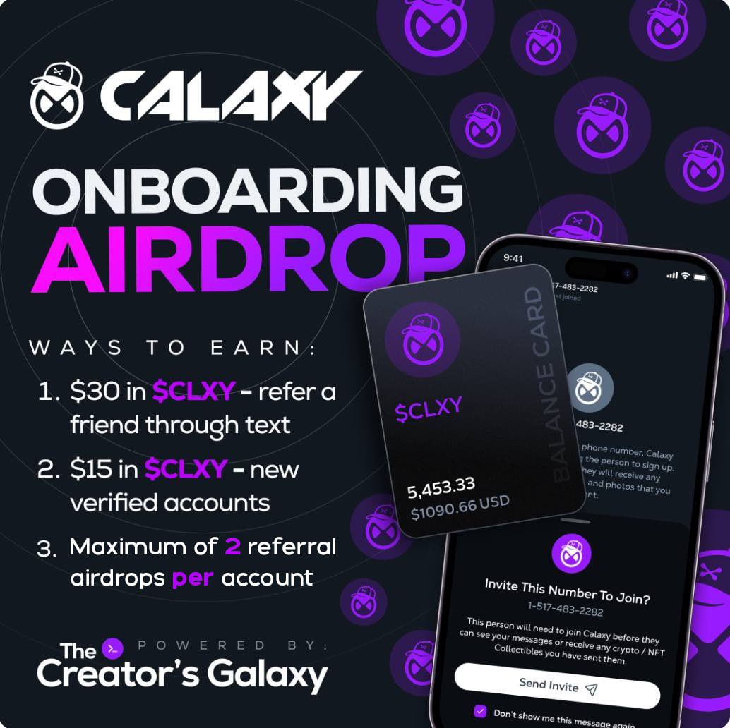 Have you created your @CalaxyApp account yet? 🫵

Our onboarding #airdrop campaign is still in effect! 💪

New accounts can earn $15 in $CLXY just for joining! 😎

Earn $30 in $CLXY for referring a friend using the “invite through text” feature! 🙌

#CLXY 👾 #BuiltOnHedera #HBAR