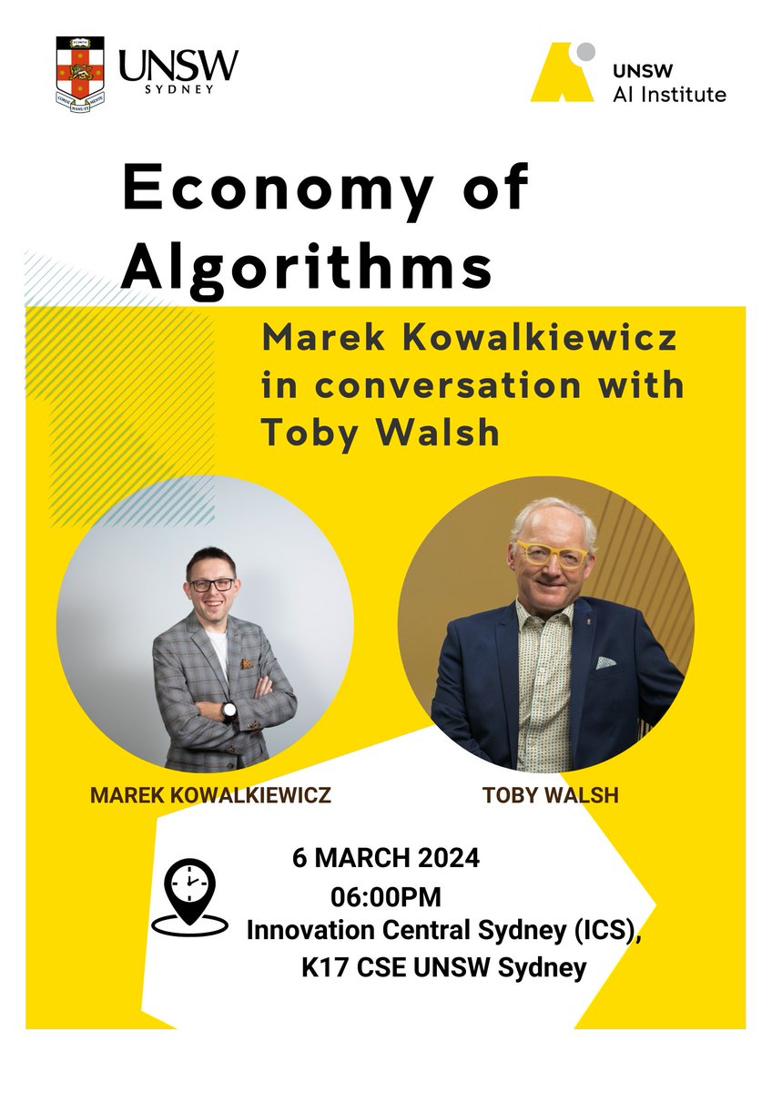 Lorenzoid3000 (@theaidilemma) on Twitter photo 'The Economy of Algorithms: AI and the Rise of the Digital Minions' by <a href="/marekkowal/">Marek Kowalkiewicz</a> is out today.
Reminder that Prof. Marek Kowalkievicz will be at UNSW Sydney for a Q&A session with <a href="/TobyWalsh/">Professor Toby Walsh FAA FTSE</a> this Wednesday. See y'all there 👋
#UNSWAI #EconomyOfAlgorithms 'The Economy of Algorithms: AI and the Rise of the Digital Minions' by <a href="/marekkowal/">Marek Kowalkiewicz</a> is out today.
Reminder that Prof. Marek Kowalkievicz will be at UNSW Sydney for a Q&A session with <a href="/TobyWalsh/">Professor Toby Walsh FAA FTSE</a> this Wednesday. See y'all there 👋
#UNSWAI #EconomyOfAlgorithms
