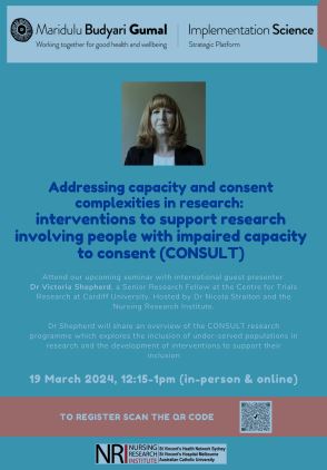 We are thrilled to announce our upcoming seminar: 'Addressing capacity and consent complexities in research' being delivered by the wonderful Dr @VickyLShepherd during her visit to the NRI in March, register here: events.humanitix.com/addressing-cap… @MBG_SPHERE @ACUmedia @NurseResearch