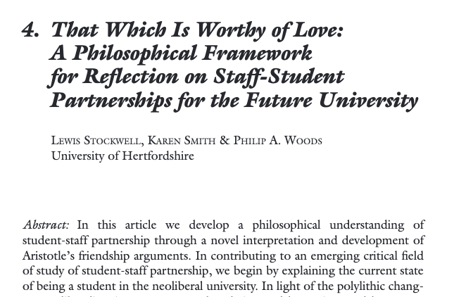 It's against the grain to think with the idea of 'philia' in #studentsaspartners work but I'm so delighted to read the fascinating provocation below, particularly, an unashamed philosophical one #westernsap. Full read: rb.gy/lzliqf