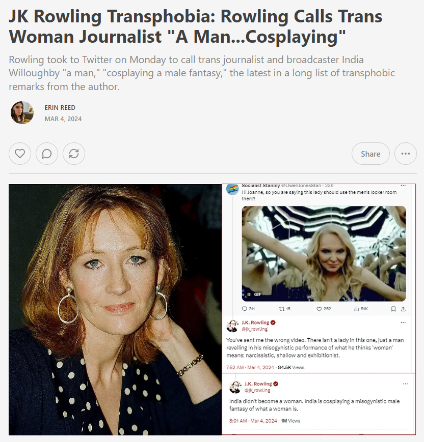 1. In recent years, JK Rowling's defenders have argued she has 'never said anything transphobic.' Today, she called transgender journalist India Willoughby 'a man,' and said that she was 'cosplaying a male fantasy.' Lets dive into what happened. Subscribe to support my work.