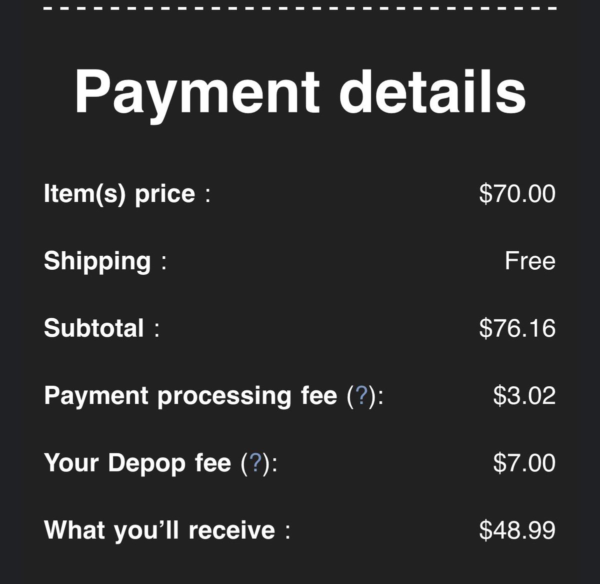 Iadybug13's tweet photo. @askdepop this math isn’t mathing?? $10 of fees on a $70 purchase but i’m only getting $50??? where’s the extra 10 dollars going?? https://t.co/MY7b0CkyBB
