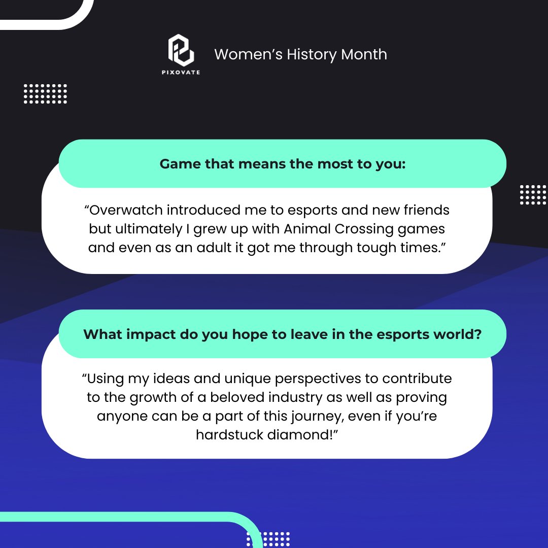 esports_foundry's tweet photo. For today's #WomensHistoryMonth spotlight, meet @amcttv, Social Media and Marketing Lead at @Pixovate! https://t.co/dPSY0BGSyO