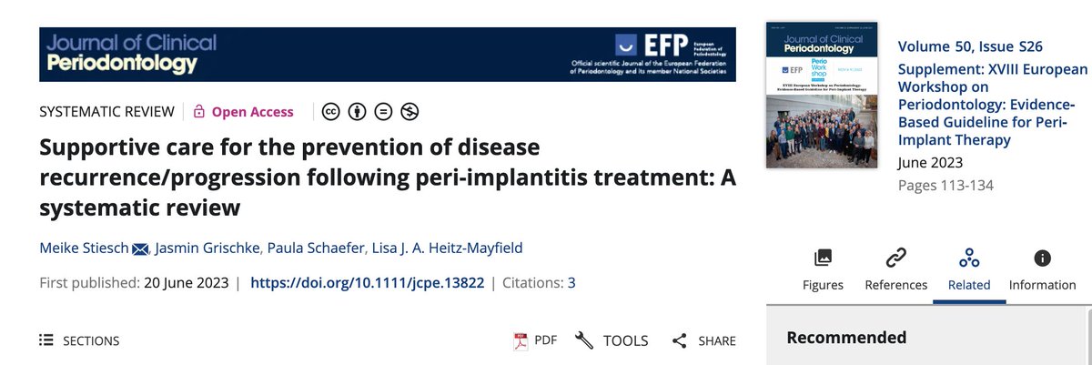 Supportive care for the prevention of disease recurrence/progression following peri-implantitis treatment: a systematic review - read this open-access article published in the JCP by Meike Stiesch et al. #EFPerio #JCPbyEFP #periodontology tinyurl.com/ytsrkzam