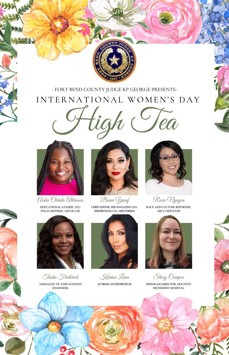 Aisha Christa Atkinson, M.S. (she/her) (@thelitsensei) on Twitter photo If I could tell five year old Aisha anything, I’d tell her: “Your voice is powerful. Speak up.”
This Thursday, that shy, soft-spoken little girl will speak up at <a href="/JudgeKPGeorge/">County Judge KP George</a>’s International Women’s Day event, “High Tea” alongside this lovely collective of women leaders. If I could tell five year old Aisha anything, I’d tell her: “Your voice is powerful. Speak up.”
This Thursday, that shy, soft-spoken little girl will speak up at <a href="/JudgeKPGeorge/">County Judge KP George</a>’s International Women’s Day event, “High Tea” alongside this lovely collective of women leaders.