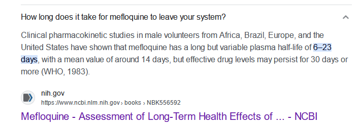 Wolf_S_Punk's tweet photo. @StevenGill2000 PLASMA Halflife is around 14 days. Effective drug levels persist for 30 days or longer! (WHO 1983). 
NOTE: Halflife means only that 50% of the sh*t is out of the body. The other 50% after 2-3 months (in case of mefloquine).
Plenty of sources about that issue on PubMed. https://t.co/cR41kfHC2L