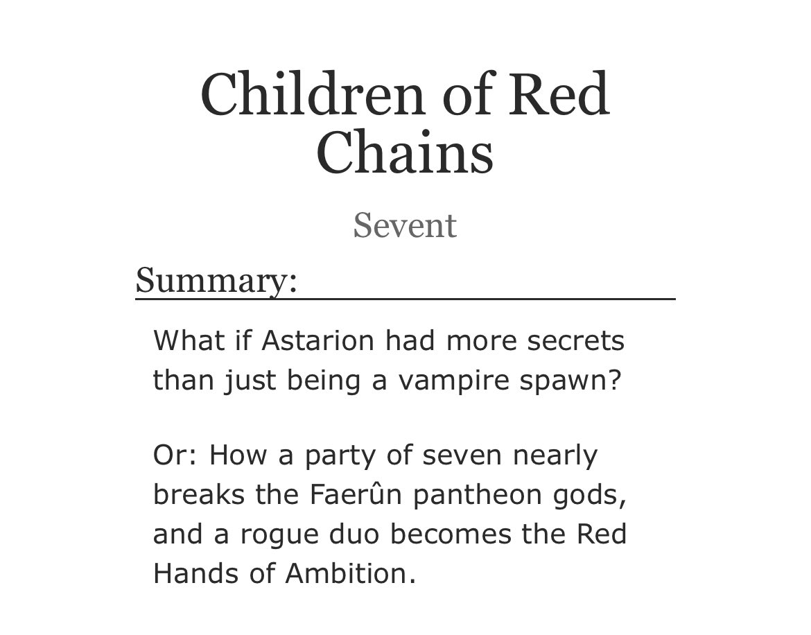 the_sevent's tweet photo. how can I describe my #bloodweave "dark urge rewrite" fic? let's see:

✅ deranged humor. ✅ murderous found-familying. ✅ multiple life crises, for everyone. ✅ How to Tame a Bhaalspawn (cue movie music)

🦇🪄and they all win✨

Children of Red Chains ➡️ https://t.co/IGa3OKYWau https://t.co/4EacJ8ilqV