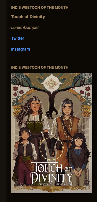 lumenizampel's tweet photo. its always so hard for me to promote Touch of Divinity because it isnt exactly GL but it does have married lesbians but their relationship isnt the focus--

anyway hii! id like to share that Touch of Divinity is r/webtoon's indie webtoon of the month!!!  😙✌️ https://t.co/quTdgUE7ju