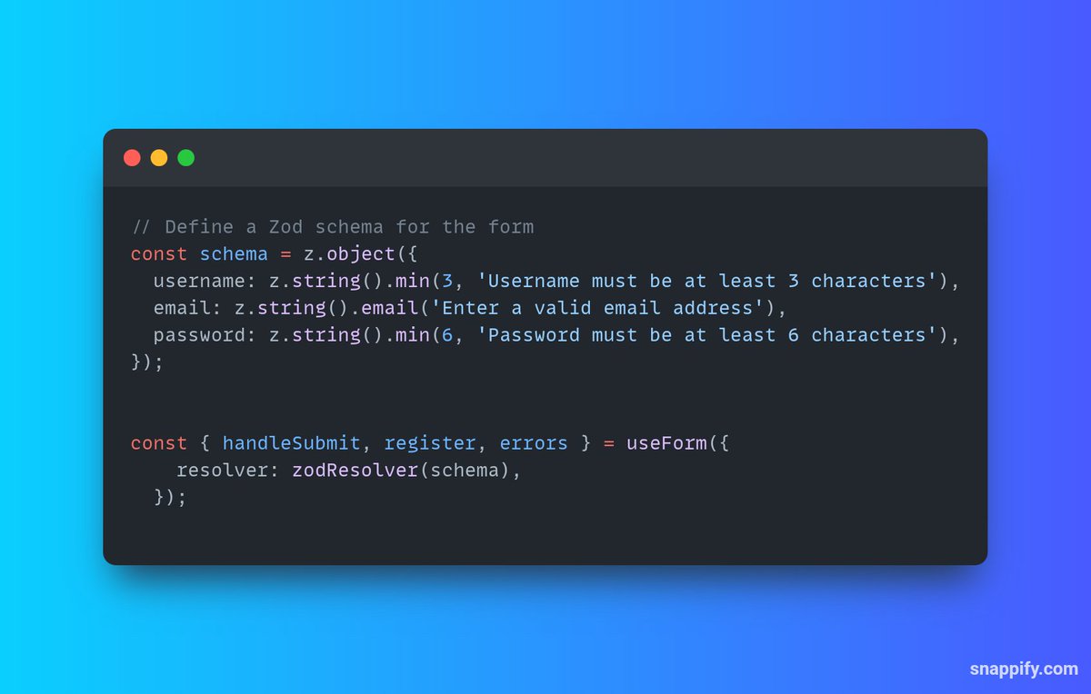 DeepakEswar4's tweet image. Validation and error handling for forms have become more convenient. You only need to write a Zod schema with error messages and connect it with react-form-hooks resolvers; it will handle all error handling for you.
#100DaysOfCode #reacthookform #zod