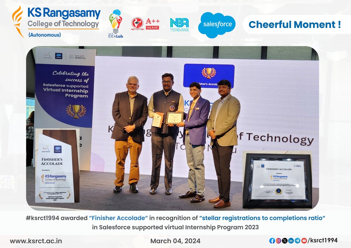ksrct1994's tweet image. #ksrct1994 honored with the "#FinishersAccolade" in recognition of “stellar registrations to completions ratio“ in Salesforce supported virtual Internship Program 2023

Hearty #Congratulations and #Appreciations to all #KSRCTians for the wonderful efforts.