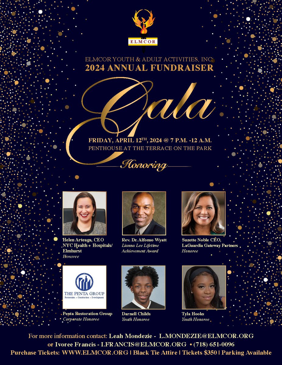 On April 12th <a href="/Elmcor/">Elmcor</a> will honor Rev. Dr. Alfonso Wyatt, <a href="/LGAairport/">LaGuardia Airport</a> Gateway Partners CEO Suzette Noble, <a href="/NYCHealthSystem/">NYC Health + Hospitals</a> / Elmhurst CEO Helen Arteaga, Penta Restoration Group, Darnell Childs and Tyla Hooks at our Annual Gala. If you’d like to sponsor: lnkd.in/ebFi28m2