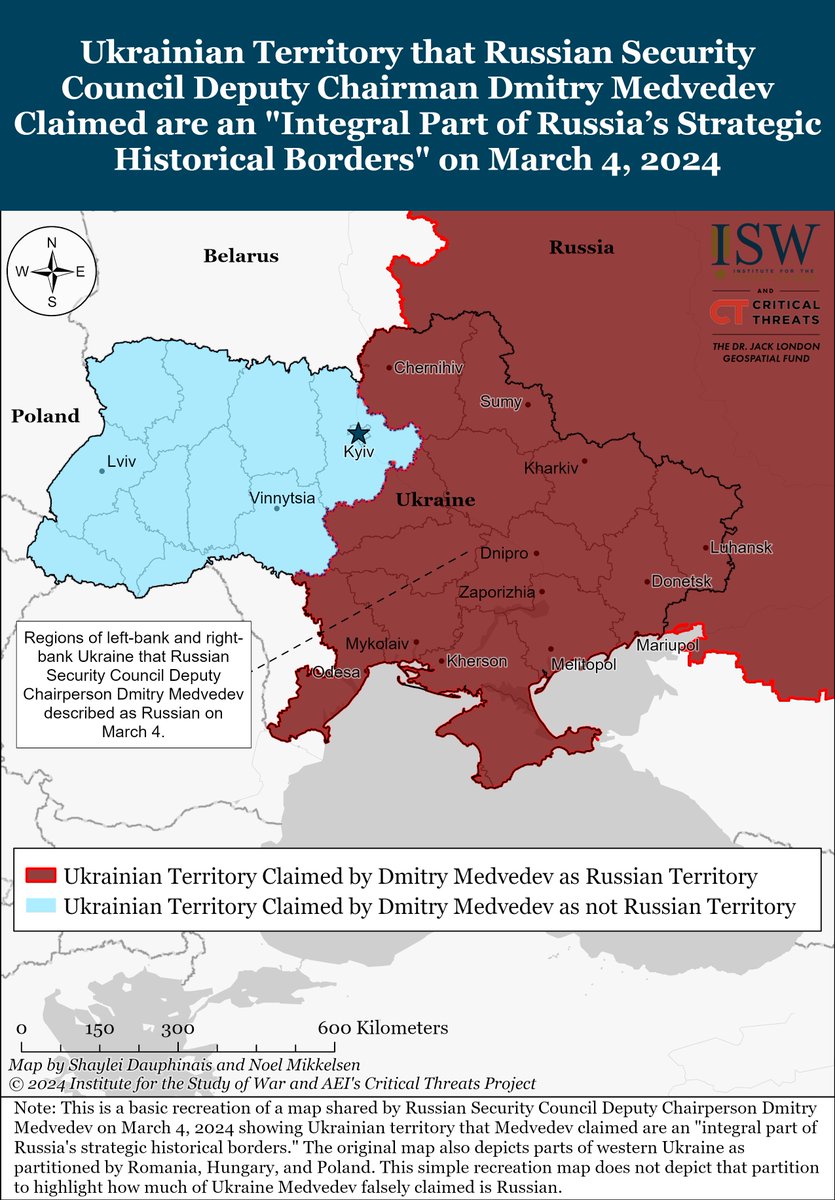 TheStudyofWar's tweet image. NEW: Russian Security Council Deputy Chairperson Dmitry Medvedev promoted Russia's extensive territorial objectives that expand deep into Ukraine’s territory. 🧵(1/4)