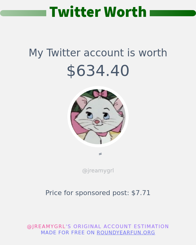 jreamygrl's tweet photo. My Twitter worth is: $634.40

➡️ https://t.co/hE4RsbaBzY https://t.co/djFJOZnRQw