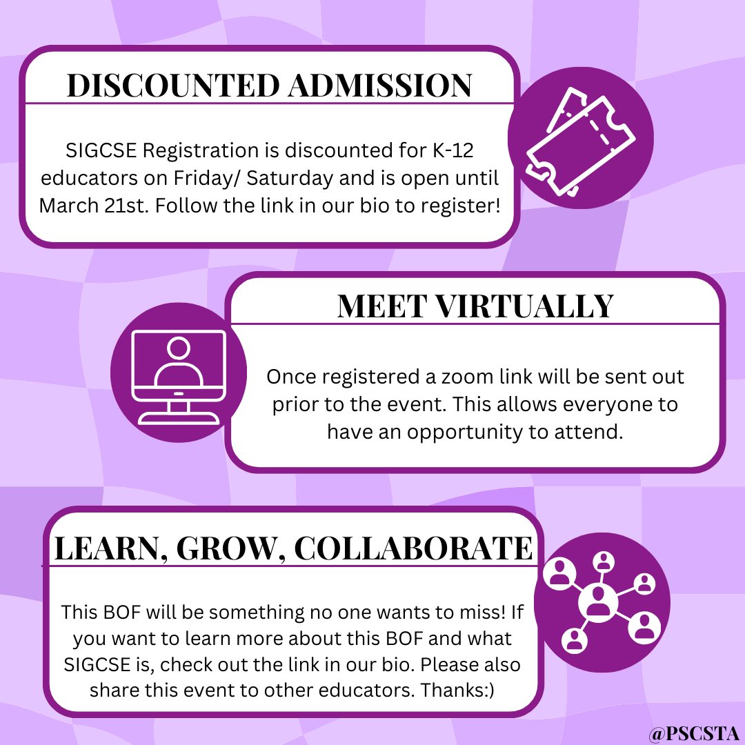 pscsta's tweet image. #CSTA Western Chapters BOF will take place in Portland, Oregon on Friday March 22nd from 12:45-1:35 at #SIGCSE. Registration is open until March 21st and there is a hybrid option. Don’t get left out, follow the link to register and learn more.
pugetsound.csteachers.org/Stories/connec…
#teachcs
