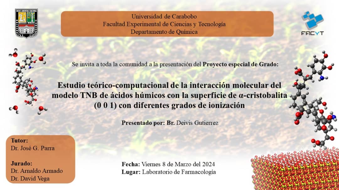 Los invitamos a la presentación del proyecto TEG de nuestro estudiante Deivis Gutiérrez.
#QuímicaFacytUC  seguimos