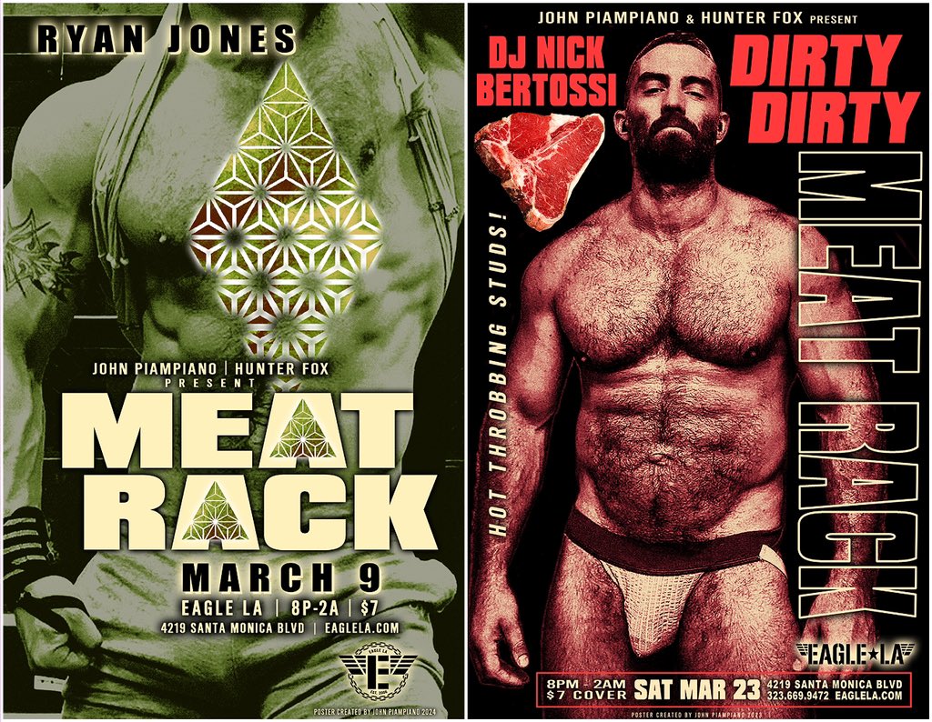 MEAT RACKs in March are not to be missed! Featuring RYAN JONES on SAT MAR 9, and NICK BERTOSSI on SAT MAR 23! See you at Eagle LA for the hottest men and music! @DJRyanJones @NickBertossi @EagleLAOfficial @mrmeatrack
