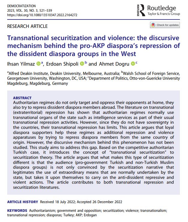By @ihsanylmz: Pro-government Turkish, non-Turkish Muslim diaspora groups are not only convinced by the #securitisation narrative that legitimates use of extraordinary state action, but take it upon themselves to carry on anti-dissident repressive actions doi.org/10.1080/135103…