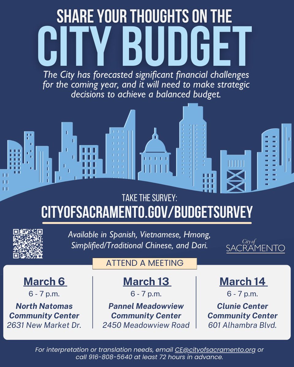 SABA (@sacbike) on Twitter photo Be heard!
The <a href="/TheCityofSac/">City of Sacramento</a> is asking you to share your thoughts on the city budget. You can do this two ways.
1. Visit the following link to fill out a survey. cityofsacramento.research.net/r/FY25BUDGET
2. Attend one of the upcoming meetings. Check out the flyer for more details. Be heard!
The <a href="/TheCityofSac/">City of Sacramento</a> is asking you to share your thoughts on the city budget. You can do this two ways.
1. Visit the following link to fill out a survey. cityofsacramento.research.net/r/FY25BUDGET
2. Attend one of the upcoming meetings. Check out the flyer for more details.