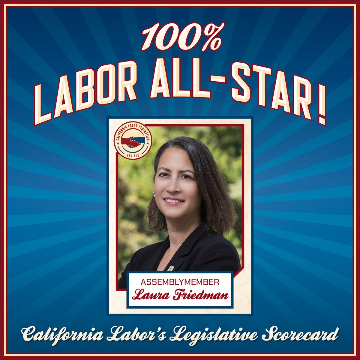 CaliforniaLabor's tweet photo. Round of applause for Assemblymember Laura Friedman for being a 2023 Labor All-Star! Thank you Assemblywoman for standing with working Californians on our priority bills last year!
https://t.co/wVrf3m1dc5 #CALabor https://t.co/dhDVJaU8la