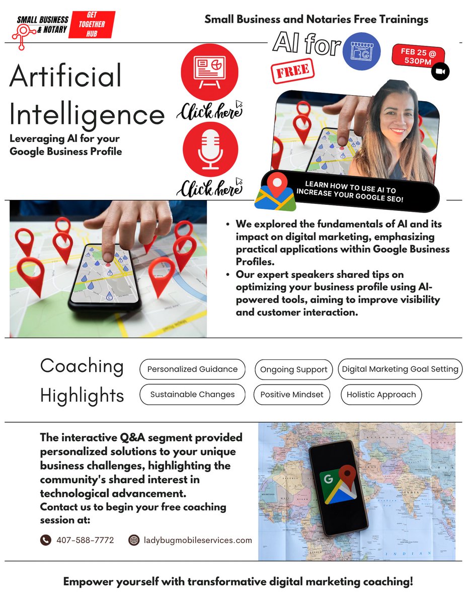 LadybugNotary's tweet photo. Hello amazing humans! Here is the flyer with recording and presentation for the AI for Google Business Profile: https://t.co/ZG1t0sWjlo https://t.co/XSyImOUAZX