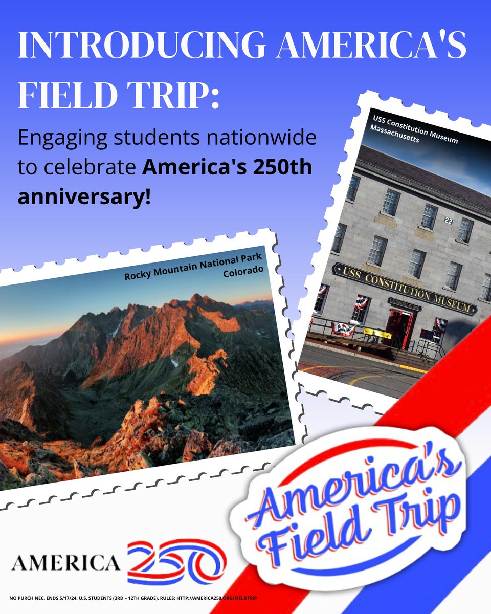 📣 As an advisory council member, I’m proud to launch the #AmericasFieldTrip contest with @America250! Can’t wait to see submissions for a chance to explore the grandeur of @RockyNPS to the historic decks of @USSConstitution. ➡ america250.org/fieldtrip #sschat
