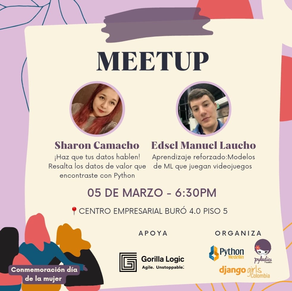 Pyladies Medellín (@pyladiesmed) on Twitter photo ¡Mañana tendremos el primer meetup del año! 🥳🎉
Estaremos unidos con las comunidades <a href="/python_medellin/">Python Medellin</a> y <a href="/DjangoGirlsCo/">DjangoGirls Colombia</a> en conmemoración al mes de la mujer 💜🌸🎉
Agradecemos a nuestro patrocinador <a href="/gorillalogic/">Gorilla Logic</a> ¡Mañana tendremos el primer meetup del año! 🥳🎉
Estaremos unidos con las comunidades <a href="/python_medellin/">Python Medellin</a> y <a href="/DjangoGirlsCo/">DjangoGirls Colombia</a> en conmemoración al mes de la mujer 💜🌸🎉
Agradecemos a nuestro patrocinador <a href="/gorillalogic/">Gorilla Logic</a>