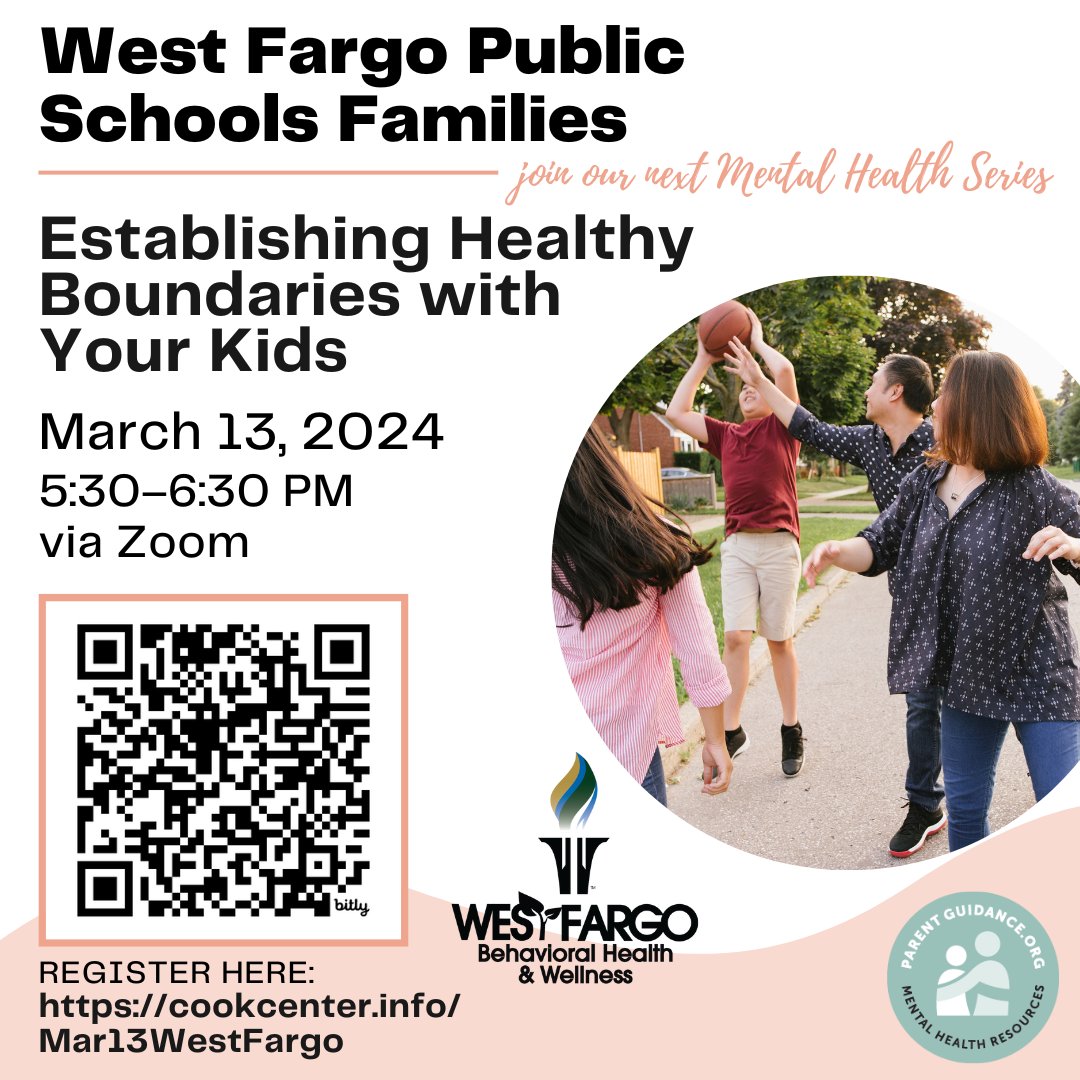 Join the WFPS Behavioral Health and Wellness Team for the next session of their mental health series. Please register for this online session.
Topic: Establishing Healthy Boundaries
When:  March 13, 2024 - 5:30pm
Registration link: cookcenter.info/Mar13WestFargo