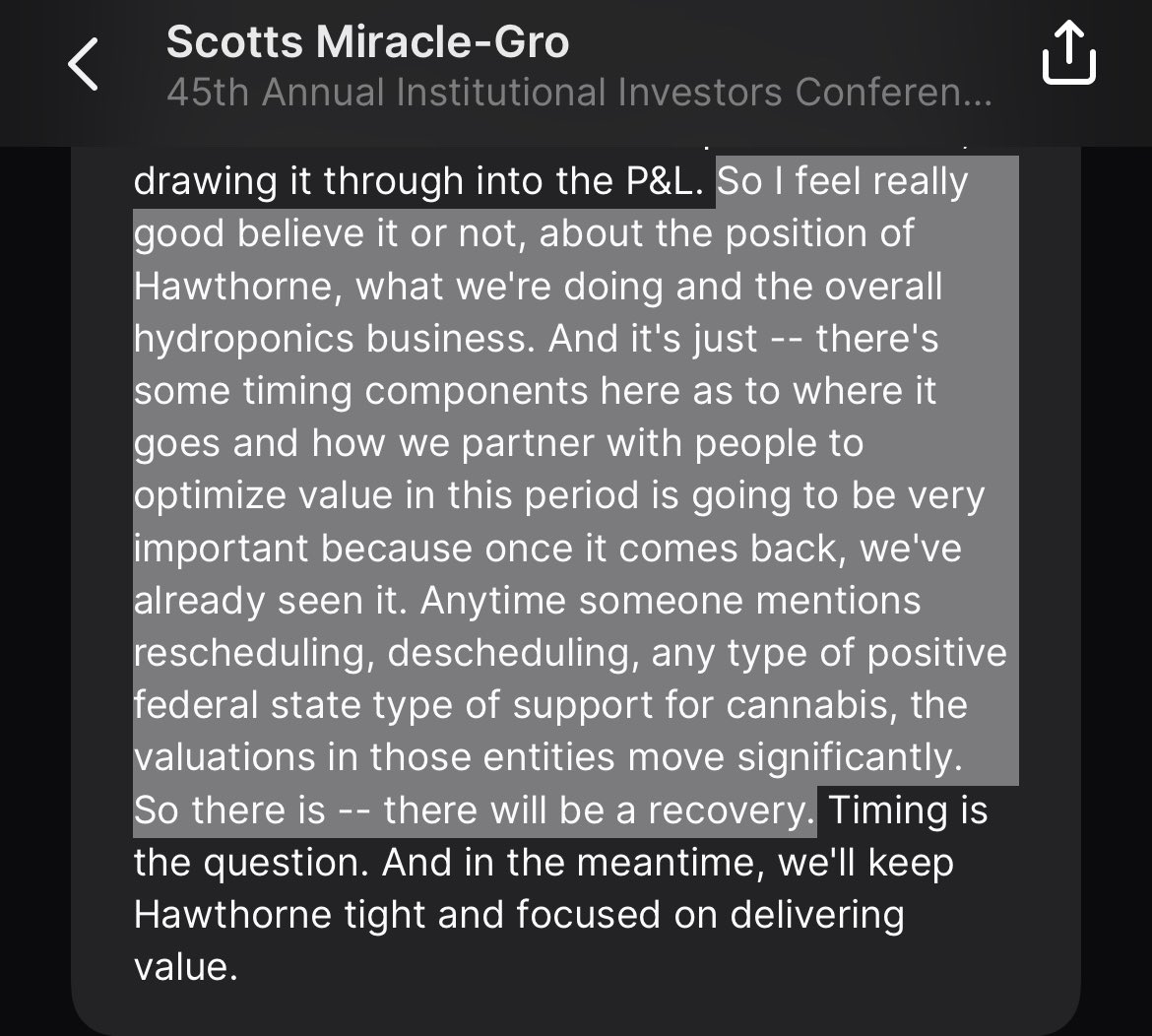 Hawthorne spin-off plans walked back at $SMG. Mgmt warming up to the capex cycle returning in cannabis. cc $HYFM $GRWG