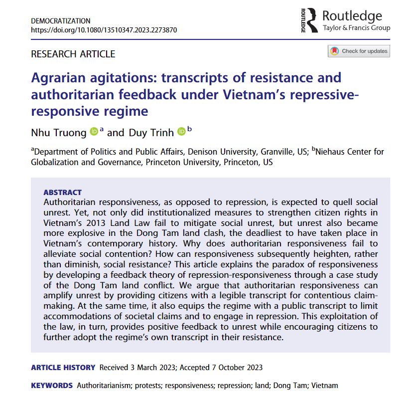 Why does #authoritarian responsiveness fail to alleviate social unrest? This article develops a feedback theory on the paradox of responsiveness through a case study of the Dong Tam land clash, the deadliest in Vietnam’s 🇻🇳 contemporary history. doi.org/10.1080/135103…