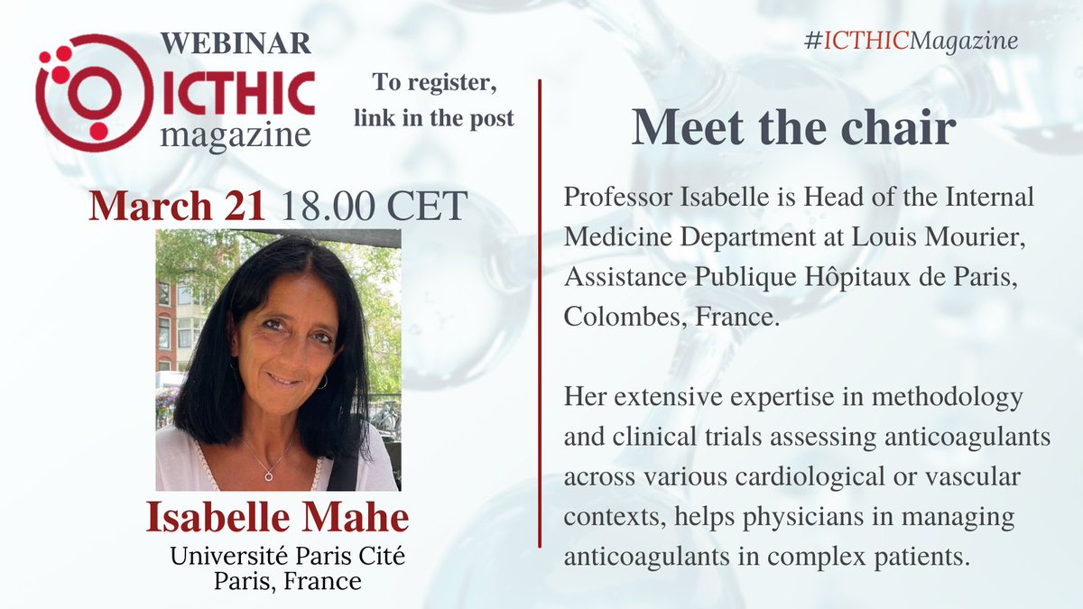 Meet the chair of the next ICTHIC #webinar: Isabelle Mahè Management of CAT in the colorectal cancer patient 21 March 2024 - 18:00-19:00 CET Register for the webinar here: rebrand.ly/xhibt4l #colorectalcancer #CAT #thrombosis