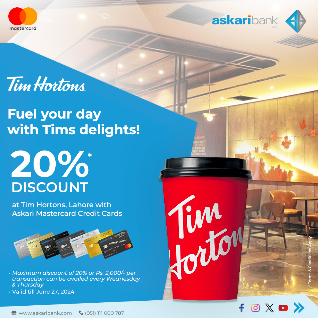 Treat Yourself to Tim Hortons with a Delicious Discount! Enjoy 20% Discount on your bill every Wednesday & Thursday until June 27, 2024, simply by using your Askari Mastercard Credit Card at Tim Hortons locations in Lahore. Link: rb.gy/khhnik #askaribank #timhortons